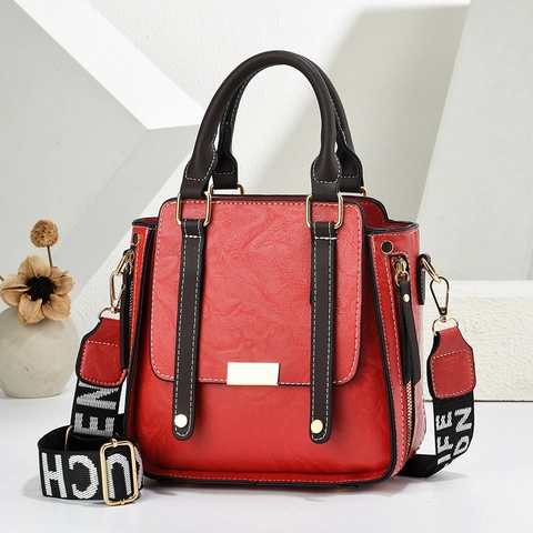 Women Fashion Handbag PU Leather Shoulder Bag With Wide Letter Print Woven Strap Simple Urban Crossbody Purse Daily Use