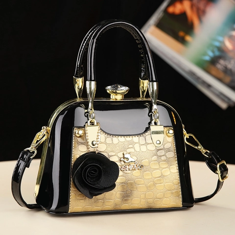 Shell Handbag Patent Leather Alligator Embossed Shoulder Crossbody Bag Elegant Retro Style Rose Charm Gold Hardware