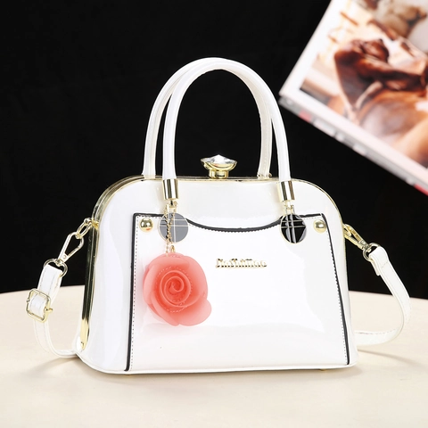 Elegant Shell Handbag Patent PU Leather High Gloss Rose Flower Pendant Crystal Lock Gold Hardware Top Handle Daily Gift