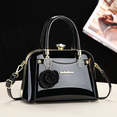 Elegant Shell Handbag Patent PU Leather High Gloss Rose Flower Pendant Crystal Lock Gold Hardware Top Handle Daily Gift