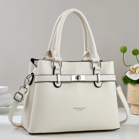 Fashion Women PU Leather Handbag Litchi Grain Large Capacity Shoulder Bag Silver Lock Detachable Strap Urban Minimalist