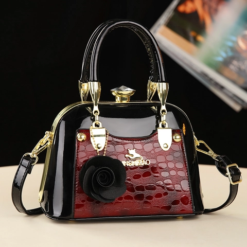 Women Patent PU Leather Shell Handbag Crocodile Pattern Rhinestone Lock Flower Charm Crossbody Bag Trendy Daily