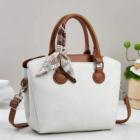 Sac À Main Femme Rétro Cuir PU Rayures Verticales Sac Bandoulière Avec Décoration Foulard Style Élégant Navette
