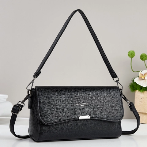Women Flap Shoulder Bag PU Leather Litchi Texture Square Crossbody Bag Minimalist Elegant Versatile Daily Purse