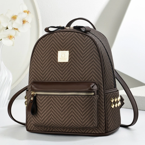Zaino Moda Donna Pelle PU Tessuto Motivo Spina Di Pesce Chic Mini Tendenza Viaggio Casual Borchie Dorate Fiocco