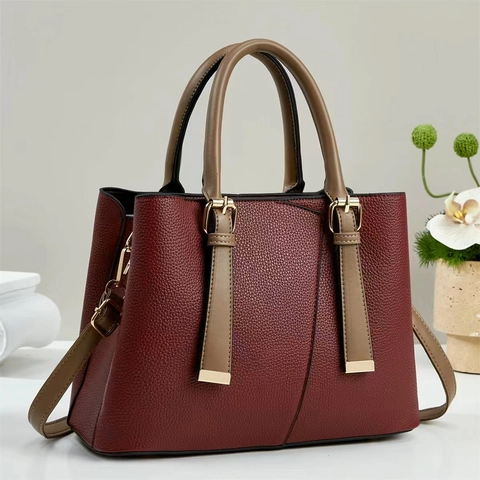 Borsa A Spalla Donna Pelle PU Grana Litchi Borsa A Mano Tracolla Con Manici A Contrasto E Hardware Dorato Versatile