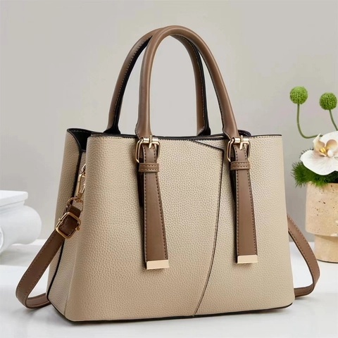 Borsa A Spalla Donna Pelle PU Grana Litchi Borsa A Mano Tracolla Con Manici A Contrasto E Hardware Dorato Versatile