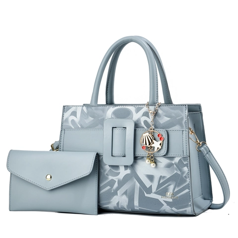 Large Capacity Women PU Leather Handbag Tote Letter Print Square Buckle Shell Charm And Small Pouch Matching Bags