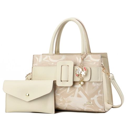 Large Capacity Women PU Leather Handbag Tote Letter Print Square Buckle Shell Charm And Small Pouch Matching Bags