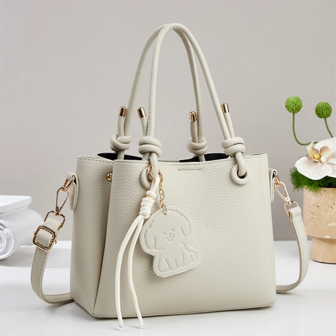 Bucket Bag Litchi Pattern PU Leather Crossbody Handbag With Knot Handles And Dog Charm For Women Fashion