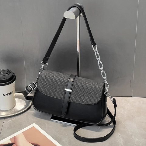Women Shoulder Bag PU Leather Woven Patchwork Crossbody Purse Flap Silver Chain Strap Casual Daily Commute Square
