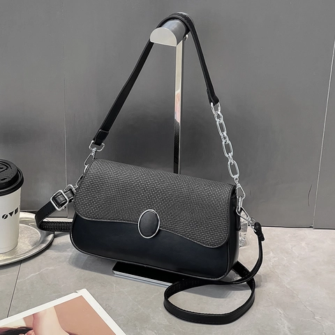 Women Shoulder Crossbody Bag PU Leather Woven Patchwork Small Square Purse Silver Buckle Chain Strap Daily Casual