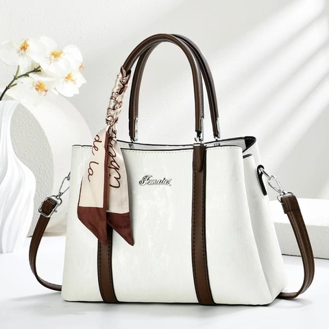 Borsa A Mano A Tracolla Vintage Da Donna In Pelle PU Texture Verticale Grande Capacità Borsa Per Pendolari Con Sciarpa