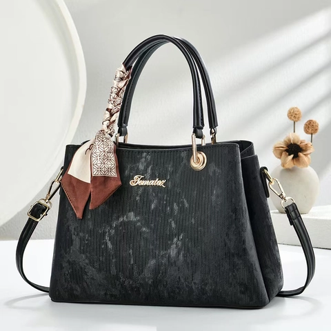 Damen Umhängetasche Retro PU Leder Vertikale Streifentextur Mit Satinnschal Elegante Handtasche Pendler Tasche