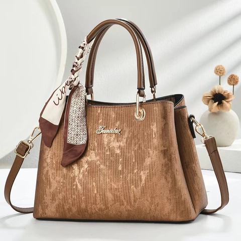 Damen Umhängetasche Retro PU Leder Vertikale Streifentextur Mit Satinnschal Elegante Handtasche Pendler Tasche