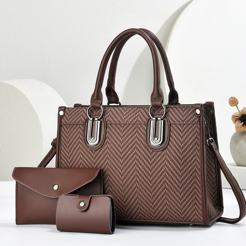 Borsa a Mano da Donna in Pelle PU a Spina di Pesce Con Tracolla e Portafoglio Combo Grande Borsa Tote per Ufficio