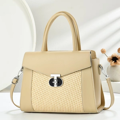 Women Handbag PU Leather Woven Patchwork Shoulder Bag Metal Rotary Lock Retro Commute Elegant Large Capacity Tote