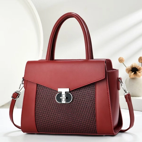 Women Handbag PU Leather Woven Patchwork Shoulder Bag Metal Rotary Lock Retro Commute Elegant Large Capacity Tote