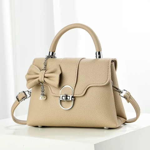 Borsa A Mano Da Donna In Pelle PU Con Grana Di Litchi Decorazione A Fiocco E Pendente Di Künstliche Perle Tracolla Rimovibile