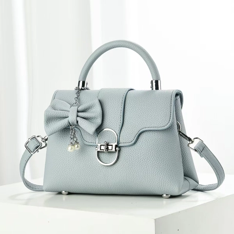 Borsa A Mano Da Donna In Pelle PU Con Grana Di Litchi Decorazione A Fiocco E Pendente Di Künstliche Perle Tracolla Rimovibile