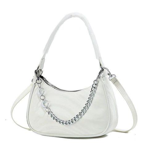 Borsa a Tracolla Mezzaluna Donna Pelle PU Trama Ondulata Catena Argento Borsa Spalla Hobo Versatile