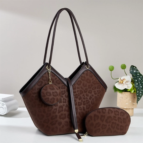 Leopard Print PU Leather Tote Bag Pouch Coin Purse Retro Fashion Commuting Women