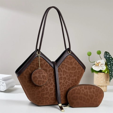 Leopard Tragetasche Kosmetiktasche Und Rundes Münzfutter PU Leder Wildlederoptik Große Kapazität Lässige Mode Schultertasche
