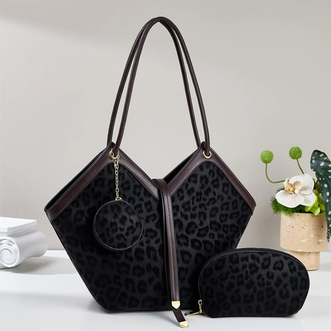 Borsa Tote Con Stampa Leopardata Con Pochette Coordinata E Portamonete Pelle Sintetica PU Elegante Borsa A Mano Casual