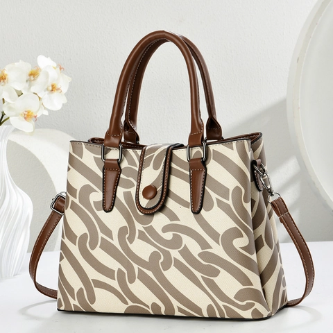 Dames Canvas PU Lederen Tote Bag Grote Capaciteit Geometrische Print Top Handvat Crossbody Handtas Afneembare Riem