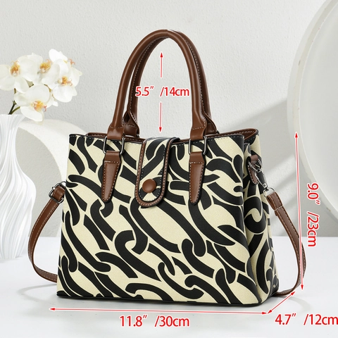 Dames Canvas PU Lederen Tote Bag Grote Capaciteit Geometrische Print Top Handvat Crossbody Handtas Afneembare Riem