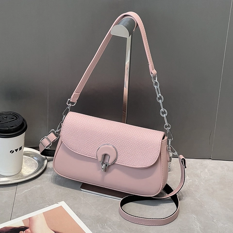 Retro Shoulder Crossbody Bag For Women PU Leather Woven Texture Metal Buckle Chain Strap Casual Square Box Satchel
