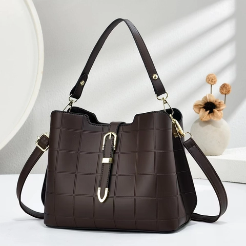 Borsa A Secchiello Donna Pelle PU Vintage Goffrata A Quadri Borsa A Tracolla Per Pendolarismo Quotidiano Stile Coreano Hardware Dorato