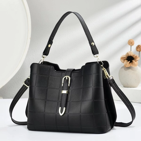 Borsa A Secchiello Donna Pelle PU Vintage Goffrata A Quadri Borsa A Tracolla Per Pendolarismo Quotidiano Stile Coreano Hardware Dorato