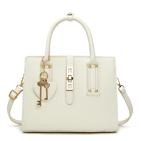 Sac À Main Épaule Femmes Cuir PU Grain Litchi Grande Capacité Fourre-Tout Commuter Avec Serrure Dorée Charme Coeur Clé