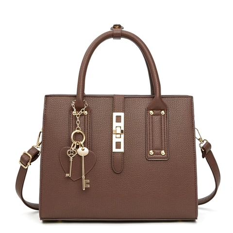 Sac À Main Épaule Femmes Cuir PU Grain Litchi Grande Capacité Fourre-Tout Commuter Avec Serrure Dorée Charme Coeur Clé