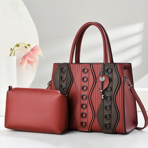 Women PU Leather Handbag Tote Bag And Small Pouch Fashion Spliced Shoulder Bag With Heart Key Charm Casual