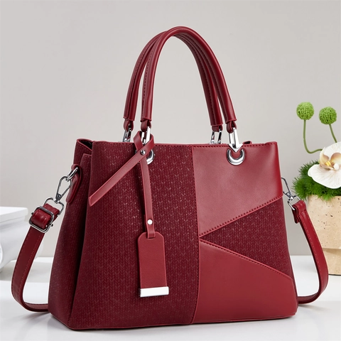 Women PU Leather Top-Handle Handbag Patchwork Woven Texture Large Capacity Commuter Shoulder Crossbody Bag Trendy Elegant