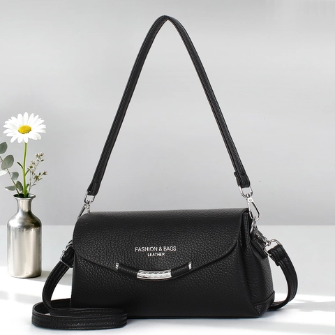 Shoulder Crossbody Bag For Women Minimalist Litchi Grain PU Leather Flap Magnetic Closure Silver Metal Decor Handbag