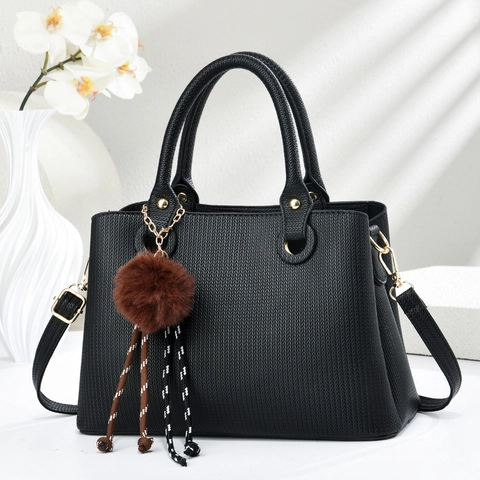 Retro Women Handbag Large Capacity PU Leather Chevron Embossed Top Handle Shoulder Bag With Pom Pom Charm For Commuting