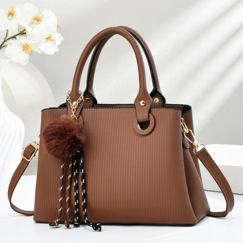 Retro Women Handbag Large Capacity PU Leather Chevron Embossed Top Handle Shoulder Bag With Pom Pom Charm For Commuting