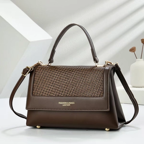 Borsa A Spalla Da Donna Pelle PU Patta Trama Intrecciata Borsa A Tracolla Moda Versatile Capiente