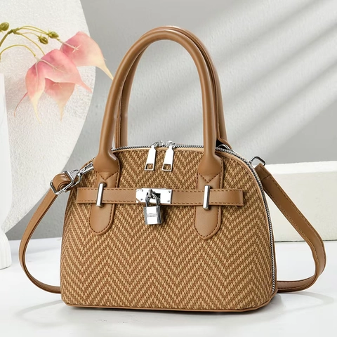 Women Handbag PU Leather Herringbone Woven Crossbody Bag With Silver Lock Decoration Elegant Shoulder Bag For Daily Commute