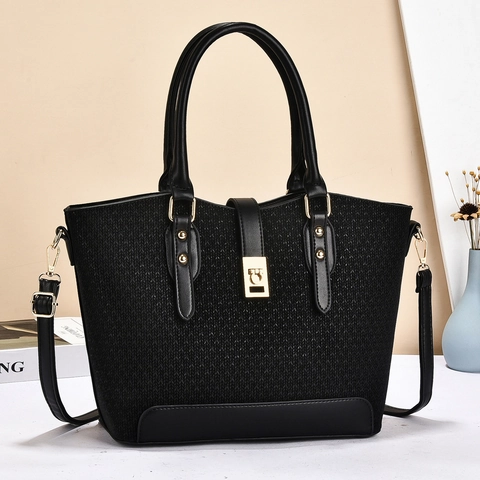 Women Tote Handbag PU Leather Woven Texture Gold Hardware Elegant Shoulder Bag With Detachable Strap For Daily Commute