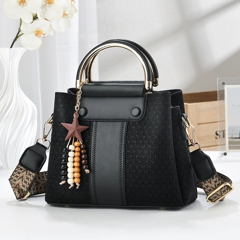 Bolso De Hombro De Mujer Cuero Sintético Patchwork Tela Asa De Anillo Metal Correa Tejida Ancha Colgante Estrella Retro