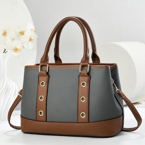 Women High Quality PU Leather Litchi Grain Handbag Contrast Color Shoulder Crossbody Bag With Metal Eyelets Top Handle Bag For Daily Commute