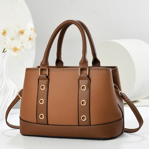 Women High Quality PU Leather Litchi Grain Handbag Contrast Color Shoulder Crossbody Bag With Metal Eyelets Top Handle Bag For Daily Commute