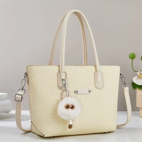 Dames PU Leren Tote Tas Met Visgraatmotief Grote Capaciteit Handtas Met Afneembare Schouderriem En Kat Pluche Hanger