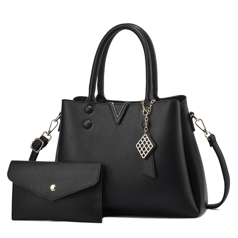 Women Lychee Grain PU Leather Handbag And Envelope Pouch Large Capacity Gold V Hardware Shoulder Tote Commute Bag