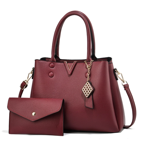 Women Lychee Grain PU Leather Handbag And Envelope Pouch Large Capacity Gold V Hardware Shoulder Tote Commute Bag