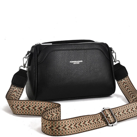 Women Crossbody Bag PU Leather Lychee Pattern Wide Woven Strap Multiple Zipper Compartments Versatile Fashion Shoulder Purse
